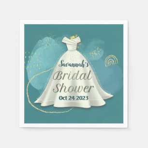 Bridal Shower Wedding Gown Deep Teal Gold Glitter Napkin