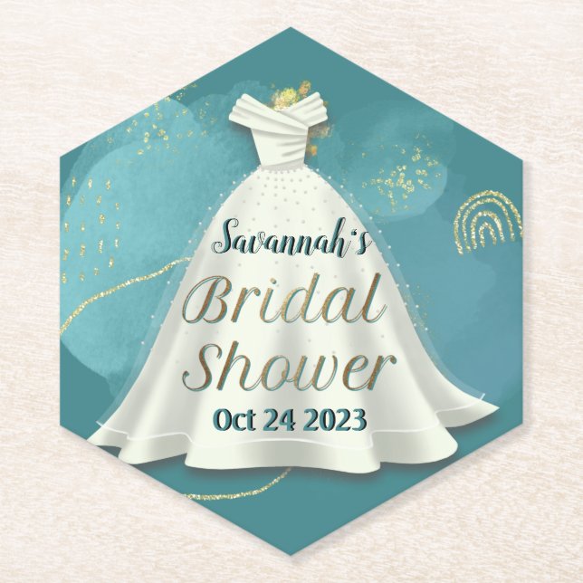 Bridal Shower Wedding Gown Deep Teal Gold Glitter  Paper Coaster (Front)