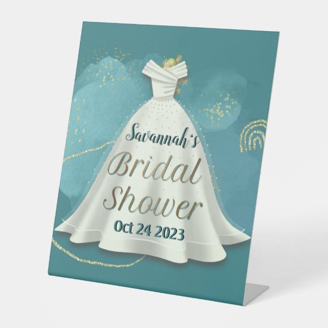 Bridal Shower Wedding Gown Deep Teal Gold Glitter  Pedestal Sign (Front)