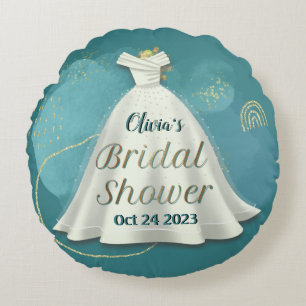 Bridal Shower Wedding Gown Deep Teal Gold Glitter Round Cushion