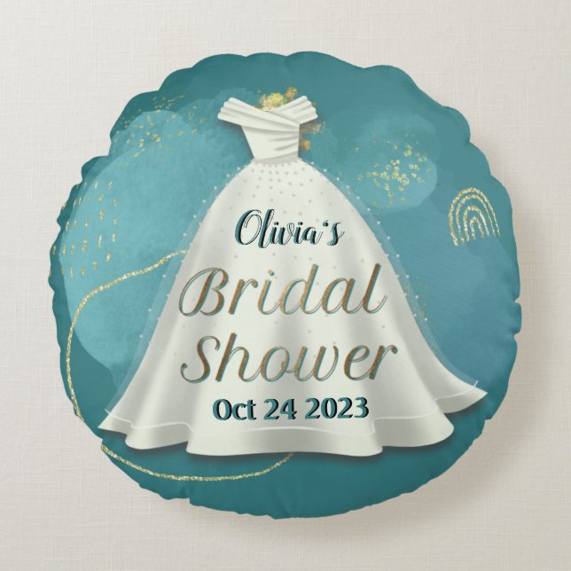 Bridal Shower Wedding Gown Deep Teal Gold Glitter  Round Cushion (Front)