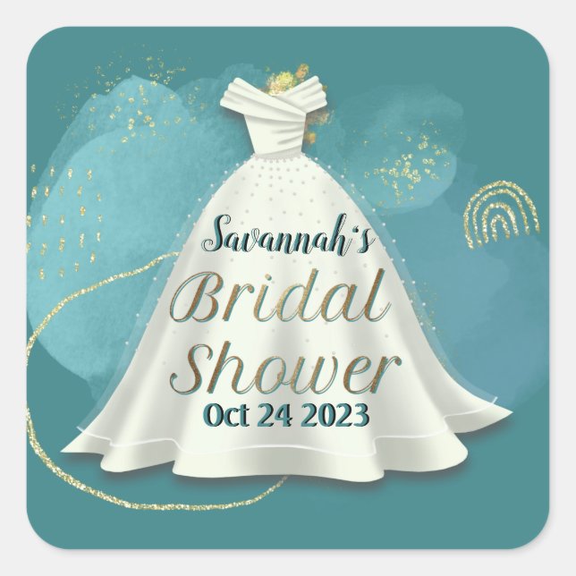 Bridal Shower Wedding Gown Deep Teal Gold Glitter  Square Sticker (Front)