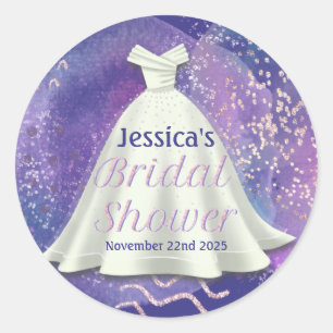 Bridal Shower Wedding Gown Purple & Rose Gold Glam Classic Round Sticker