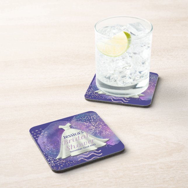 Bridal Shower Wedding Gown Purple & Rose Gold Glam Coaster (Right Side)