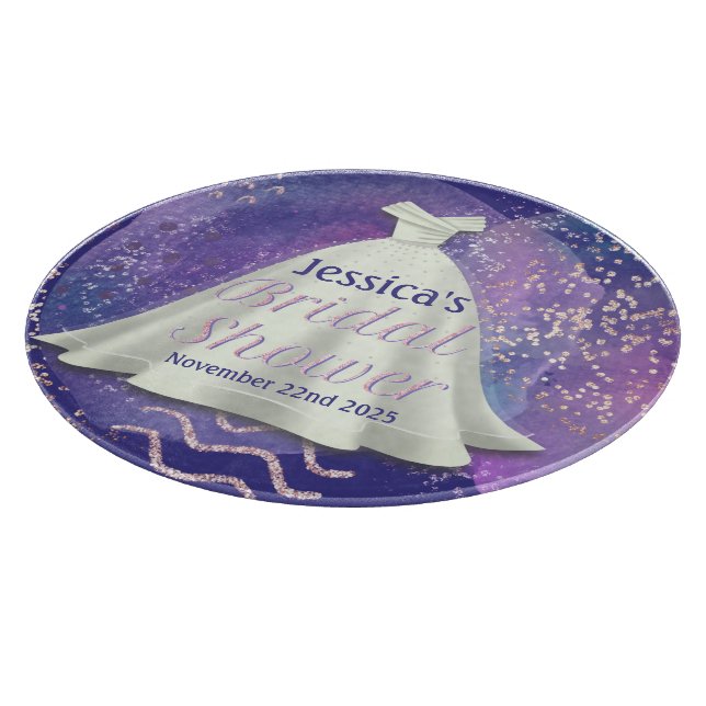 Bridal Shower Wedding Gown Purple & Rose Gold Glam Cutting Board (Corner)