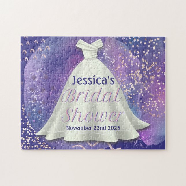 Bridal Shower Wedding Gown Purple & Rose Gold Glam Jigsaw Puzzle (Horizontal)