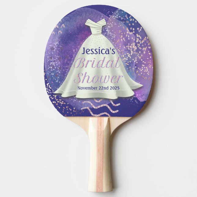 Bridal Shower Wedding Gown Purple & Rose Gold Glam Ping Pong Paddle (Front)