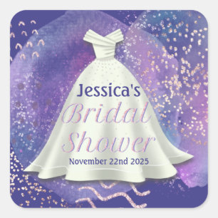 Bridal Shower Wedding Gown Purple & Rose Gold Glam Square Sticker