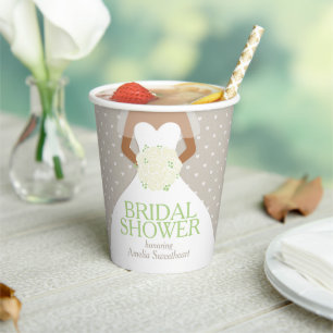 Bridal shower wedding white dress green roses paper cups