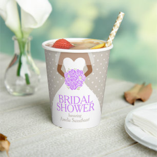 Bridal shower wedding white dress purple roses paper cups