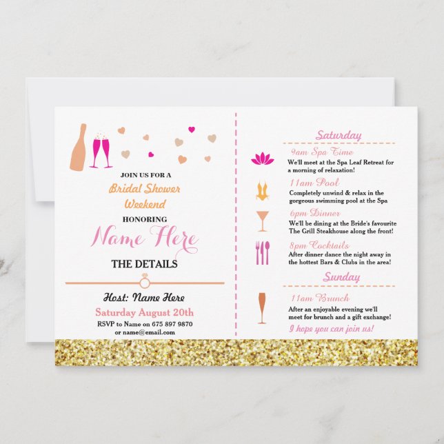 Bridal Shower Weekend Heart Pink Gold Invite (Front)