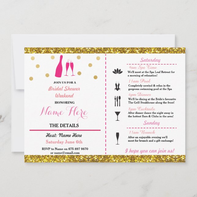 Bridal Shower Weekend Itinerary Champagne Invite (Front)