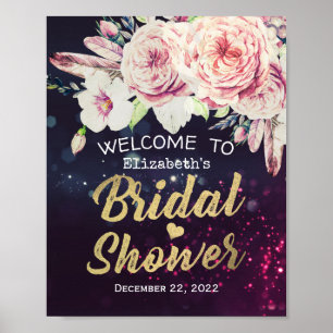 Bridal Shower Welcome Boho Floral Feathers Purple Poster