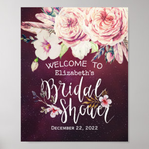 Bridal Shower Welcome Floral Feathers Burgundy Red Poster