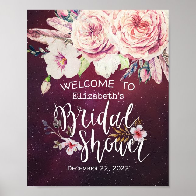 Bridal Shower Welcome Floral Feathers Burgundy Red Poster (Front)