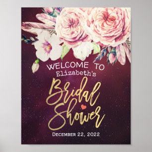 Bridal Shower Welcome Floral Feathers Burgundy Red Poster