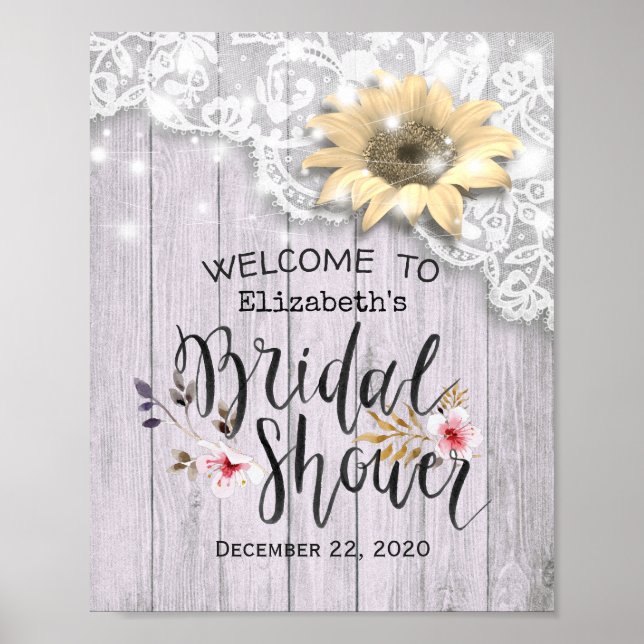 Bridal Shower Welcome Lace Sunflower Wood Lights Poster (Front)