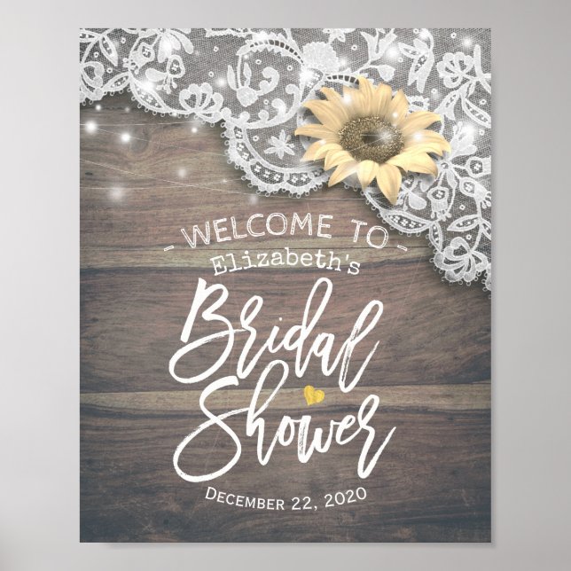 Bridal Shower Welcome Lace Sunflower Wood Lights Poster (Front)