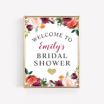 Bridal Shower Welcome Rustic Burgundy Fall Floral Poster<br><div class="desc">Wedding bridal shower welcome poster / sign features stylish text framed by a beautiful rustic wreath of fall watercolor flowers, including roses, dahlias, peony flowers, and greenery, in a gorgeous summer or autumn palette of burgundy red, golden yellow, peach orange, blush pink, and shades of green. Includes a gold heart...</div>