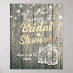 Bridal Shower Welcome Rustic Wood Mason Jar Lights Poster