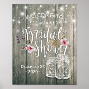 Bridal Shower Welcome Rustic Wood Mason Jar Lights Poster