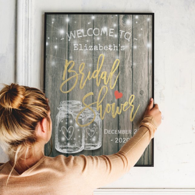 Bridal Shower Welcome Rustic Wood Mason Jar Lights Poster (Creator Uploaded)