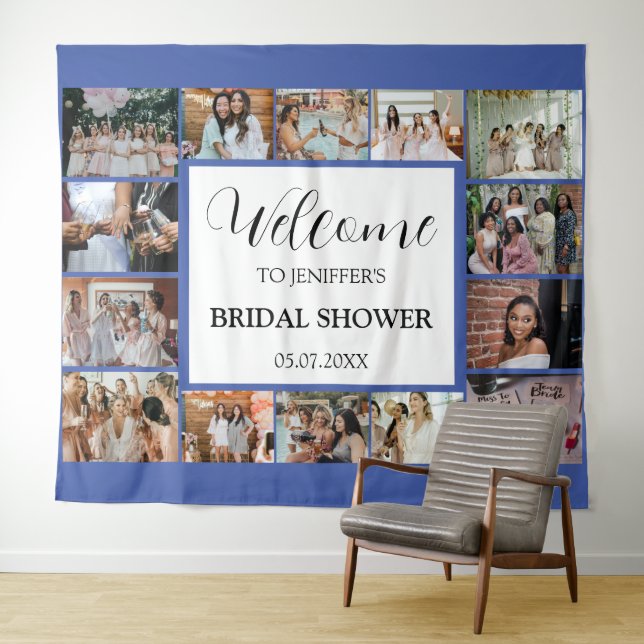 Bridal Shower Welcome Script Blue Photo Collage  Tapestry (In Situ (Horizontal))