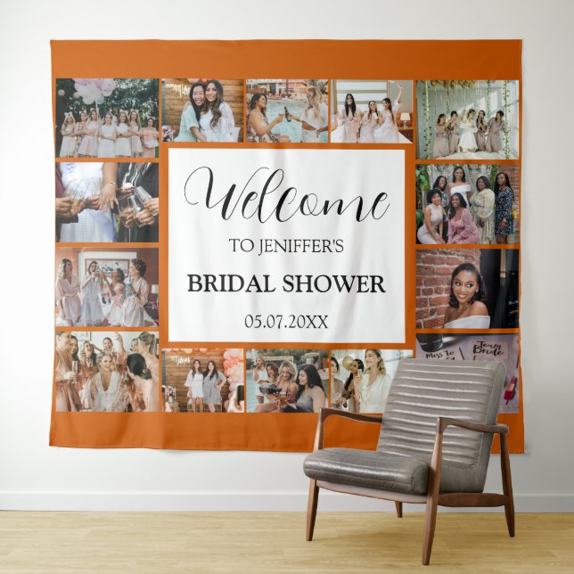 Bridal Shower Welcome Script orange Photo Collage  Tapestry (In Situ (Horizontal))