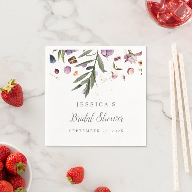 Bridal Shower Welcome Sign Falling Floral Purple Napkin (Insitu)