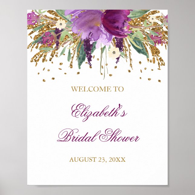 Bridal Shower Welcome Sign Floral Glitter Amethyst (Front)