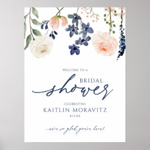 Bridal Shower Welcome Sign Peach Navy Blue Floral