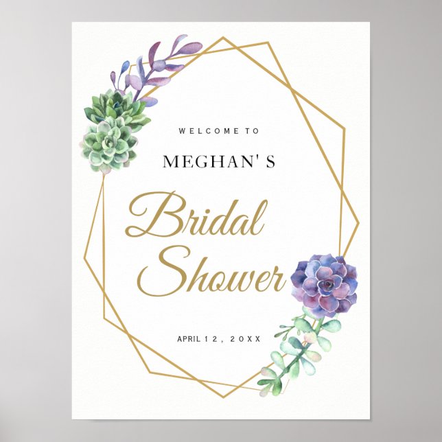 Bridal Shower welcome sign purple succulents gold (Front)
