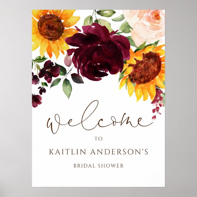Bridal Shower Welcome Sign Sunflower Burgundy Rose (Front)