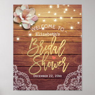 Bridal Shower Welcome Wood Floral String Lights Poster