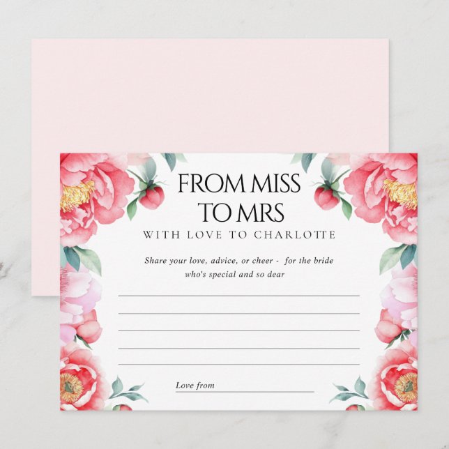 Bridal Shower Well Wishes Card with Pink Peonies (Front/Back)
