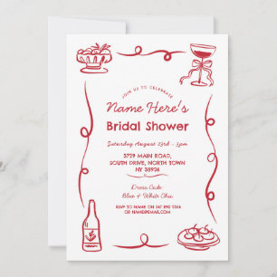 Bridal Shower Whimsical Hand Drawn Red Illustrated Invitation