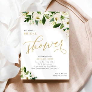Bridal Shower White and Gold Watercolor Flowers Invitation