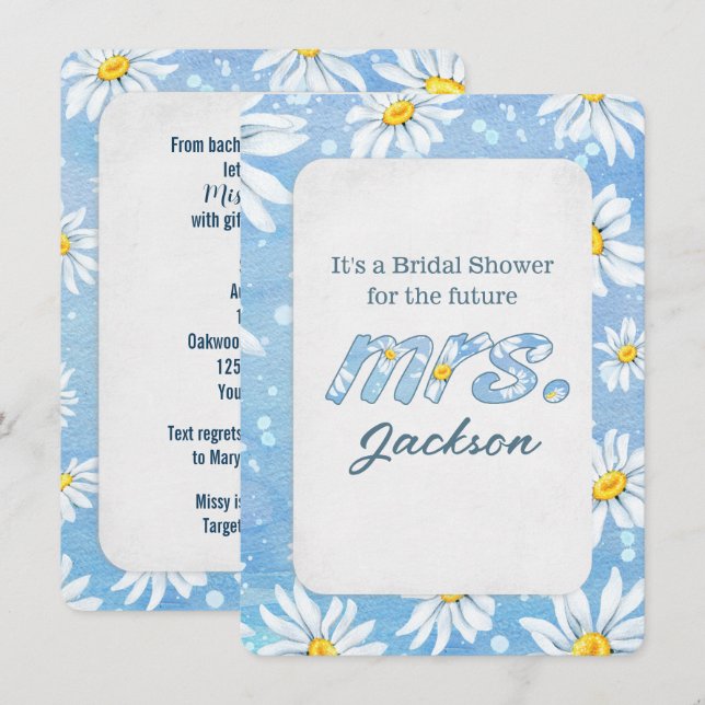 Bridal Shower White Daisies On Blue Invitation (Front/Back)
