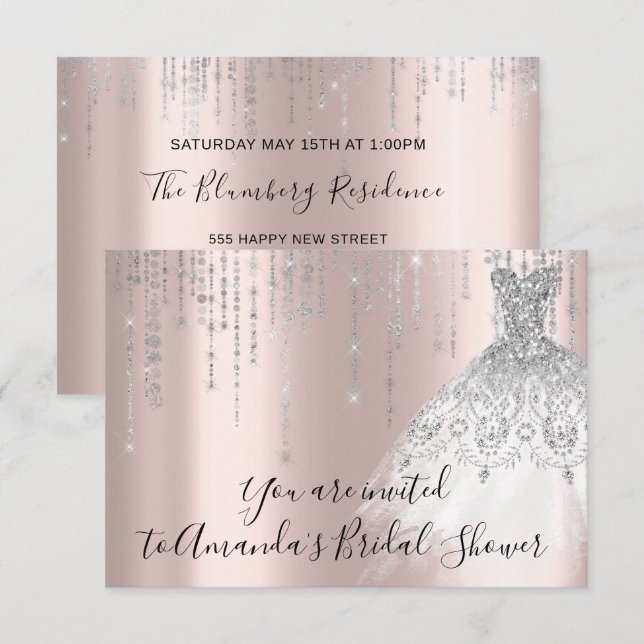 Bridal Shower White Dress Silver Grey Silver Rose Invitation (Front/Back)