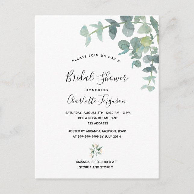 Bridal Shower white eucalyptus greenery elegant Postcard (Front)