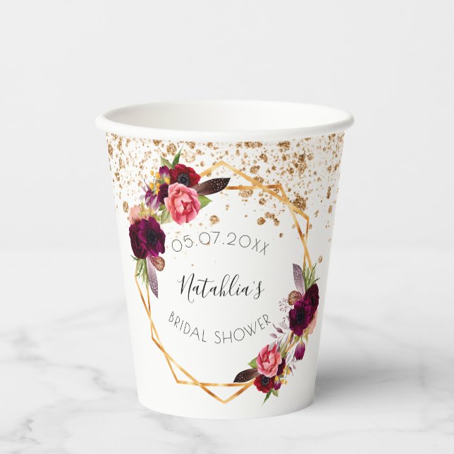 Bridal Shower white gold burgundy florals glitter Paper Cups (Front)