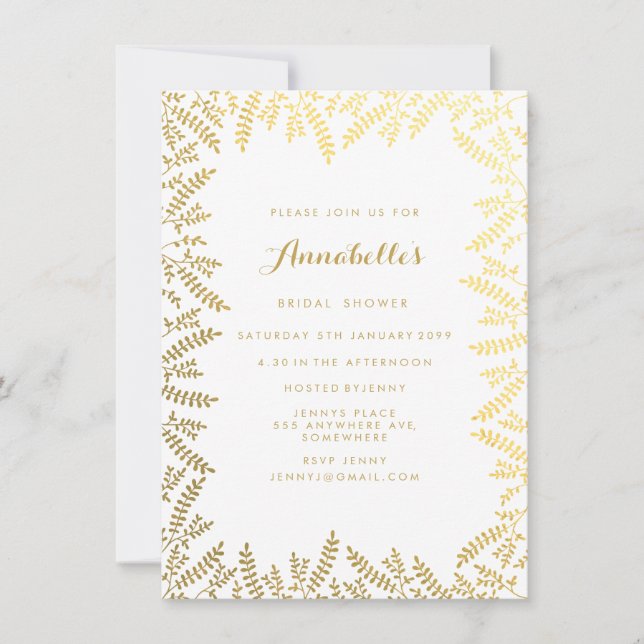 Bridal Shower White Gold Foil Leaves Invitation (Front)