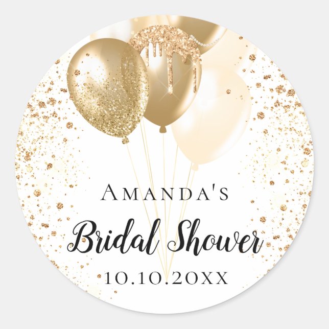 Bridal Shower white gold glitter balloons name Classic Round Sticker (Front)