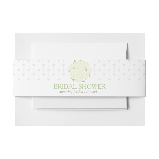 Bridal shower white green roses grey heart invitation belly band (Front Example)