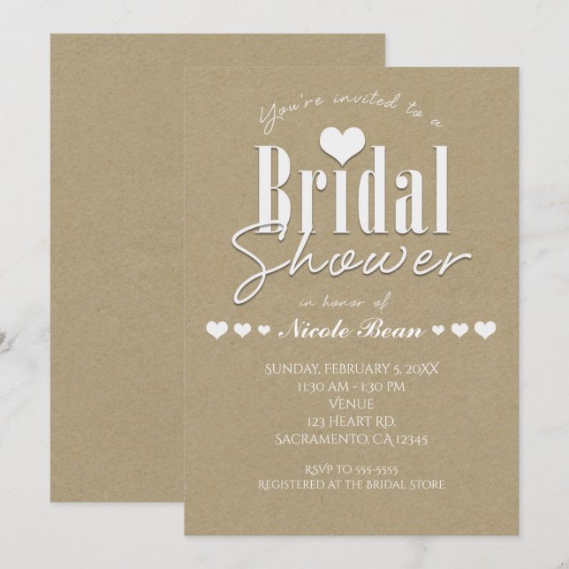 Bridal Shower White & Kraft Brown Paper Invitation (Front/Back)