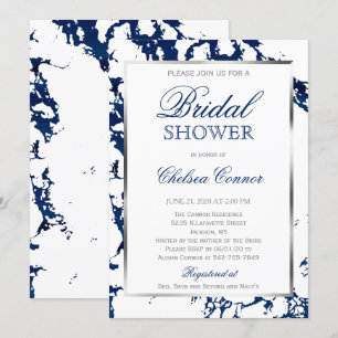 Bridal Shower - White, Navy Blue Marble & Silver Invitation