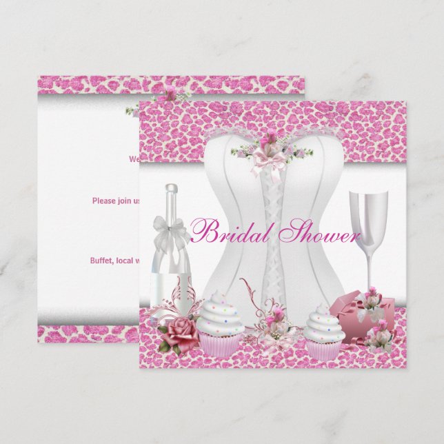 Bridal Shower White Pink Cupcakes Champagne Invitation (Front/Back)