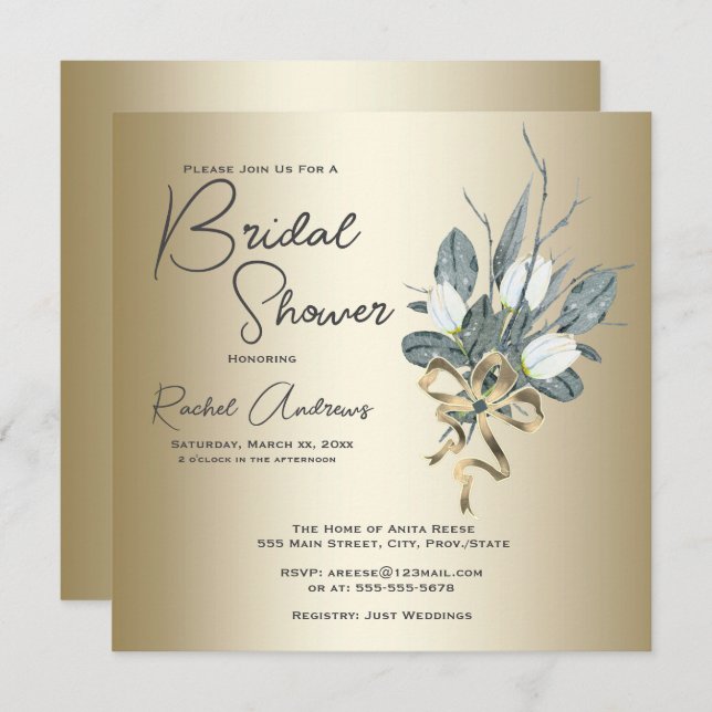 Bridal Shower White Tulips With Gold Invitation (Front/Back)