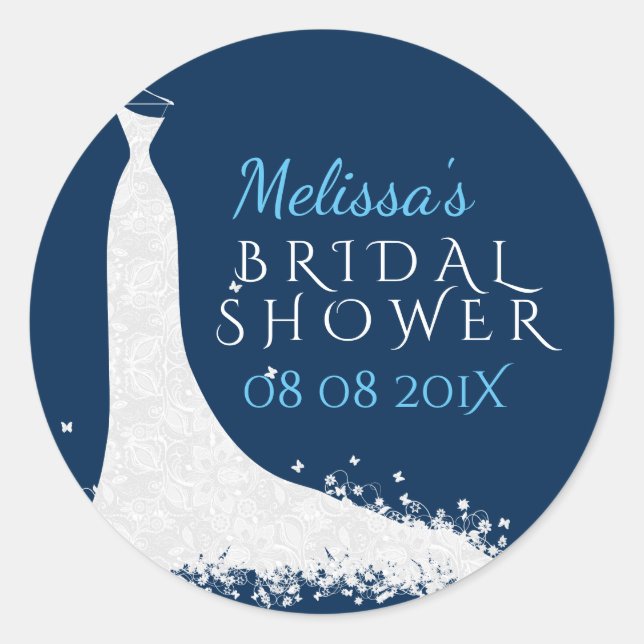 Bridal Shower White Wedding Dress On Blue Classic Round Sticker (Front)