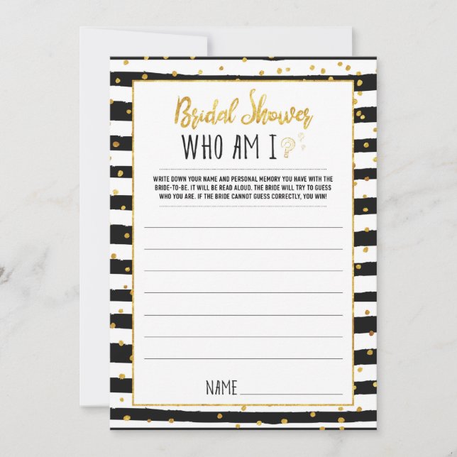 Bridal Shower Who Am I Game | Gold Confetti Invitation (Front)